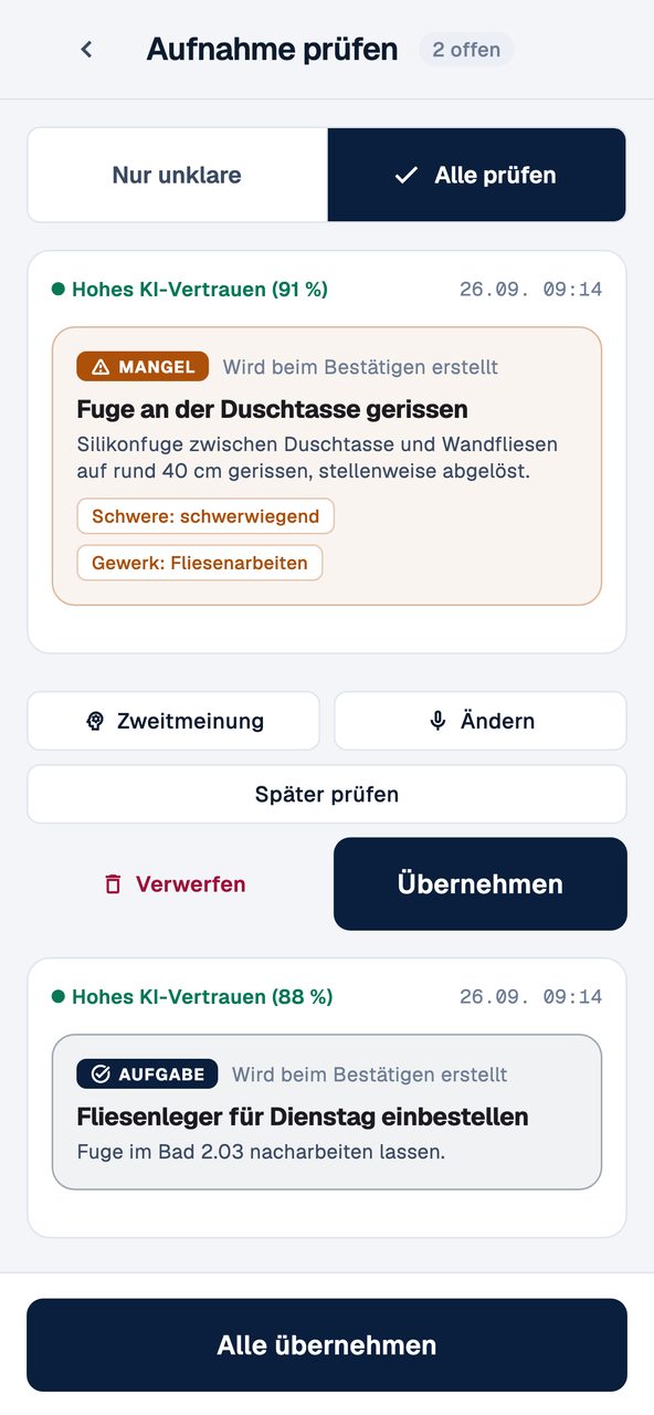 Baunario, Bildschirm „Aufnahme prüfen“: ein erkannter Mangel und eine Aufgabe, jeweils zum Übernehmen oder Ändern