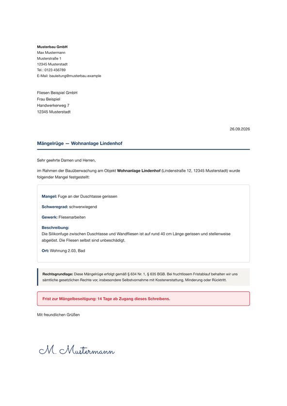 Seite 1 einer Mängelrüge aus Baunario mit Beispieldaten: Mangel, Schweregrad, Gewerk, Rechtsgrundlage, Frist und Unterschrift
